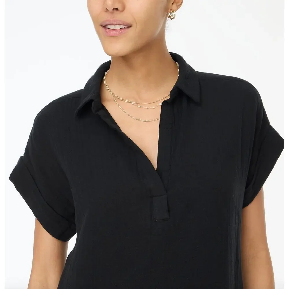 J.Crew Short Sleeve Gauze Popover Dress Mini Casual Cotton Black XXS NWT